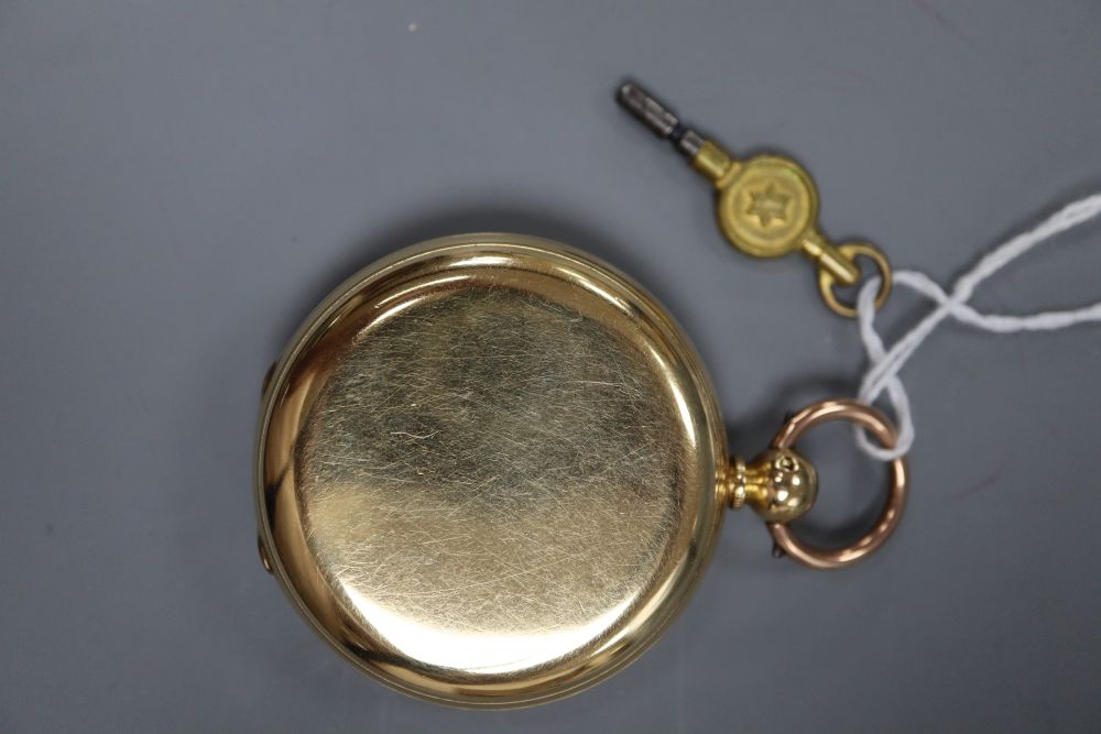 A late Victorian 18ct gold open face keywind lever pocket watch by John Spicer, London, numbered 8881, with key.